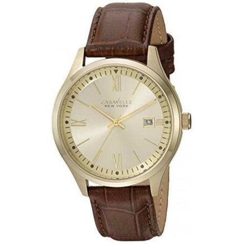 Caravelle New York Men's 44B109 Gold Tone Brown Leather Strap Watch