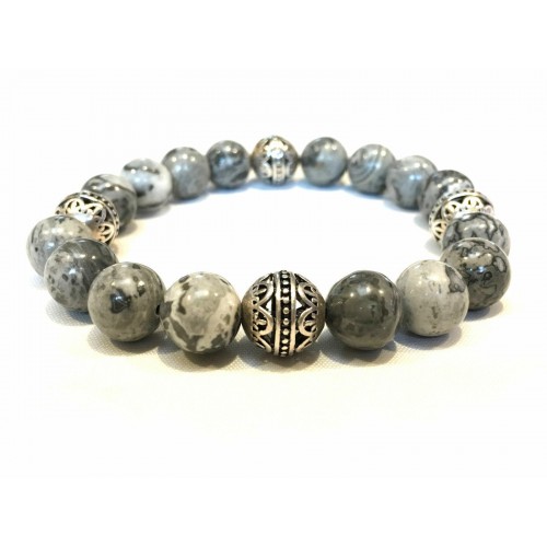 Handmade   Unisex Map Jasper Gemstone &   Silver   Bead Bracelet