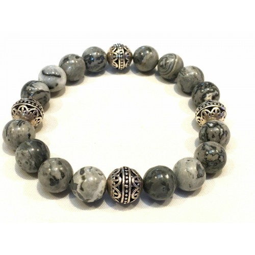 Handmade   Unisex Map Jasper Gemstone &   Silver   Bead Bracelet
