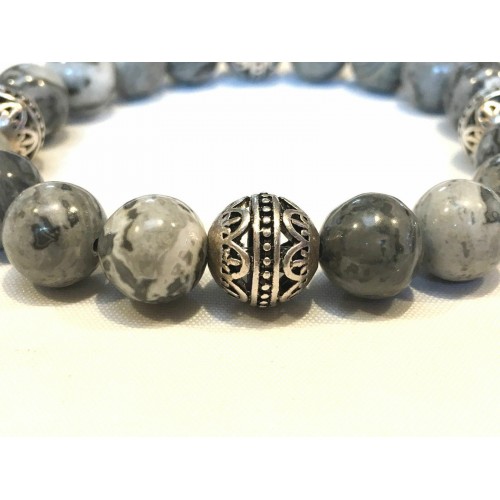 Handmade   Unisex Map Jasper Gemstone &   Silver   Bead Bracelet
