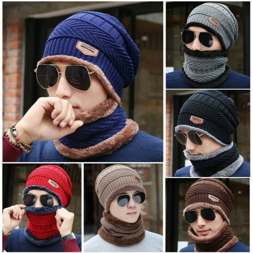 Men Women Winter Warm Crochet Knit Baggy Beanie Wool Skull Hat Ski Cap Scarf Set