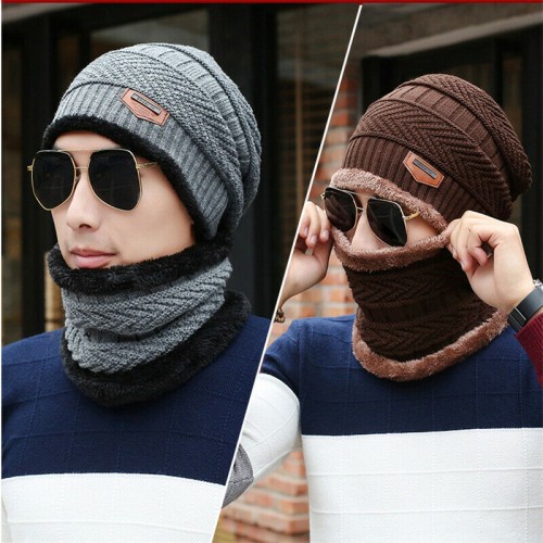 Men Women Winter Warm Crochet Knit Baggy Beanie Wool Skull Hat Ski Cap Scarf Set