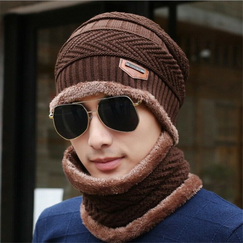 Men Women Winter Warm Crochet Knit Baggy Beanie Wool Skull Hat Ski Cap Scarf Set