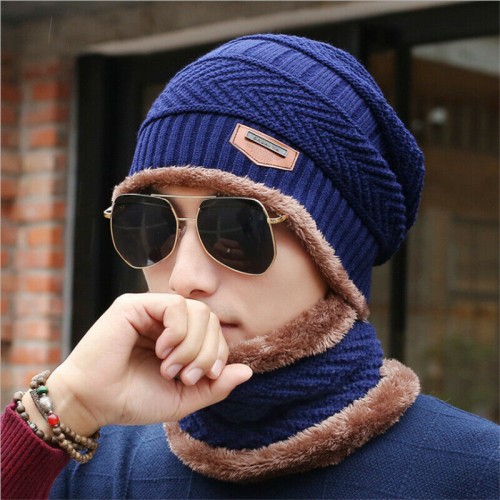 Men Women Winter Warm Crochet Knit Baggy Beanie Wool Skull Hat Ski Cap Scarf Set