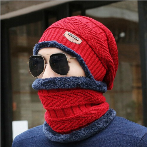 Men Women Winter Warm Crochet Knit Baggy Beanie Wool Skull Hat Ski Cap Scarf Set
