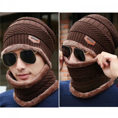 Men Women Winter Warm Crochet Knit Baggy Beanie Wool Skull Hat Ski Cap Scarf Set