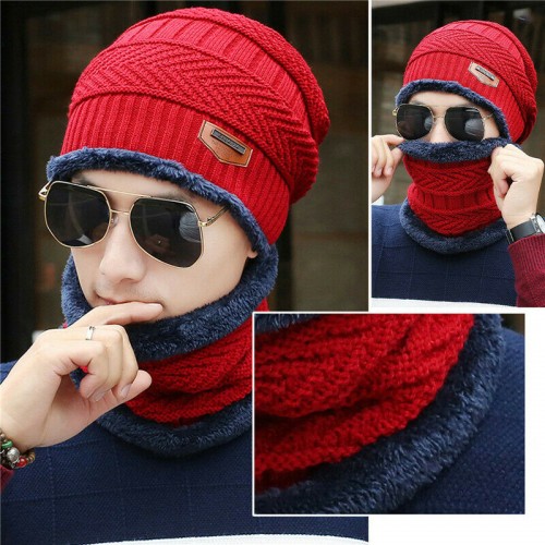 Men Women Winter Warm Crochet Knit Baggy Beanie Wool Skull Hat Ski Cap Scarf Set