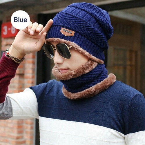 Men Women Winter Warm Crochet Knit Baggy Beanie Wool Skull Hat Ski Cap Scarf Set