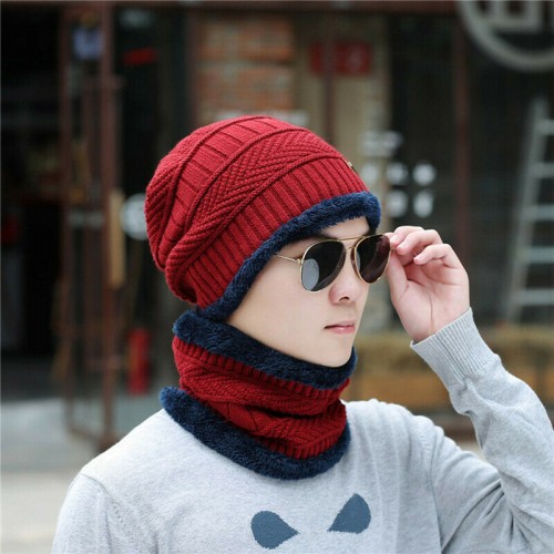 Men Women Winter Warm Crochet Knit Baggy Beanie Wool Skull Hat Ski Cap Scarf Set