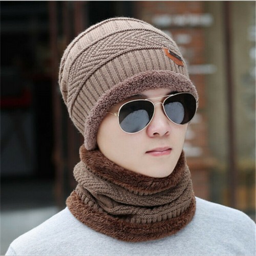 Men Women Winter Warm Crochet Knit Baggy Beanie Wool Skull Hat Ski Cap Scarf Set