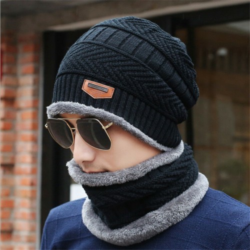 Men Women Winter Warm Crochet Knit Baggy Beanie Wool Skull Hat Ski Cap Scarf Set