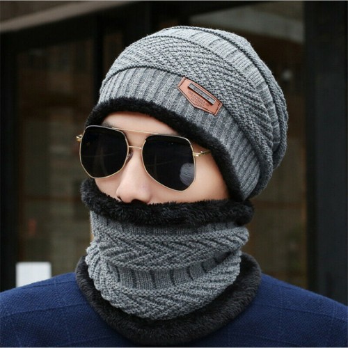 Men Women Winter Warm Crochet Knit Baggy Beanie Wool Skull Hat Ski Cap Scarf Set