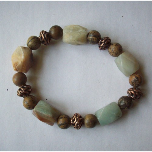 AMAZONITE, LANDSCAPE STONE & COPPER TONE BRACELET