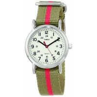 New Timex Women's T2N917 "Weekender" Watch with Olive Green and Pink Nylon Strap